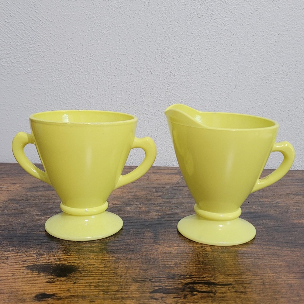 Hazel Atlas Sugar‎ Creamer Set Vintage Retro Yellow Modertone Platonite